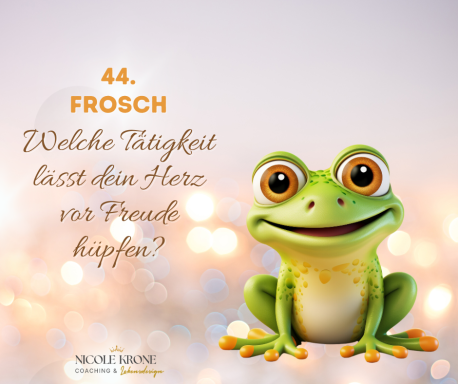 Ein fröhlicher Frosch mit Frage zur Lieblingsbeschäftigung auf einem sanften, glitzernden Hintergrund.