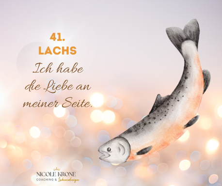 Ein Lachs schwimmt mit dem Text „Ich habe die Liebe an meiner Seite“.