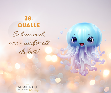 Eine fröhliche, cartoonartige Qualle mit blauen Tentakeln vor einem glitzernden Hintergrund.