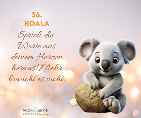 Ein niedlicher Koala hält einen Stein und lächelt, mit inspirierendem Text.